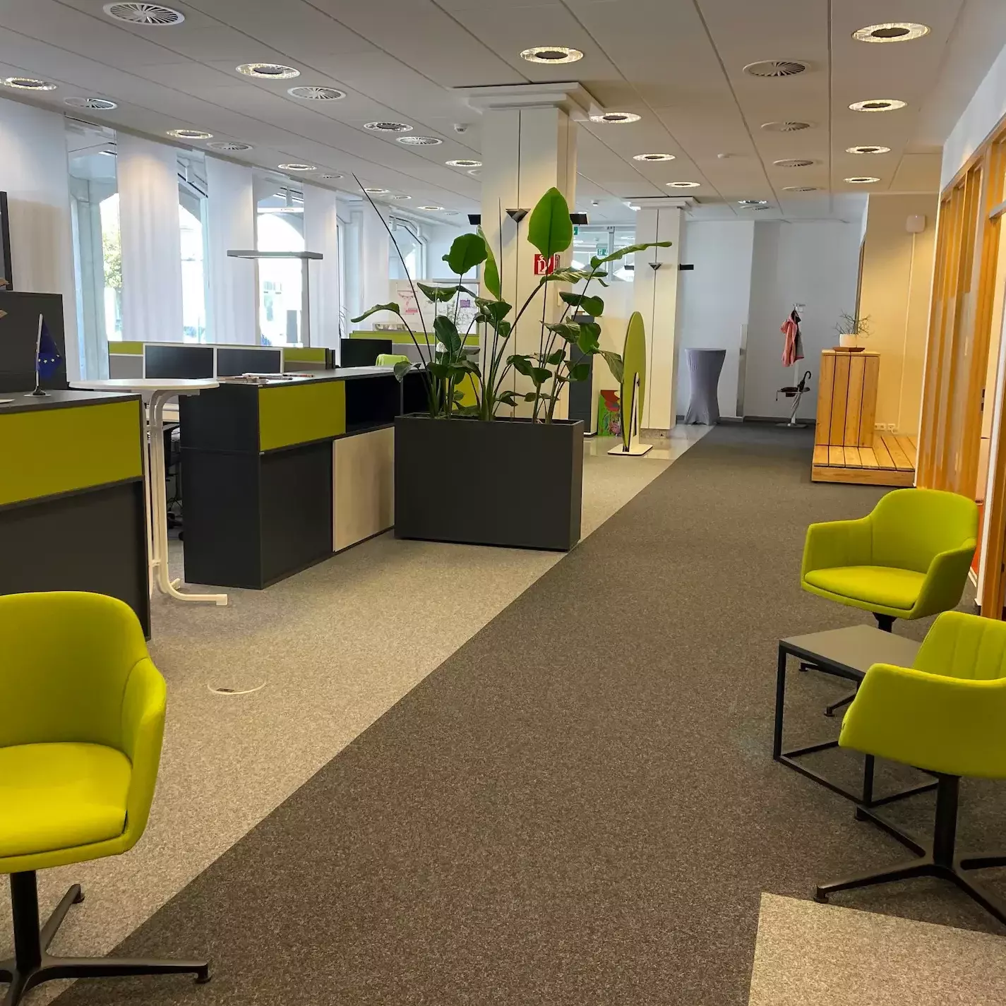 Ein Großraumbüro mit limettengrünen Akzenten und Holzmaserung an den Wänden von einem Kunden unseres wir sind raum Partners Büro-Center Jahn GmbH.